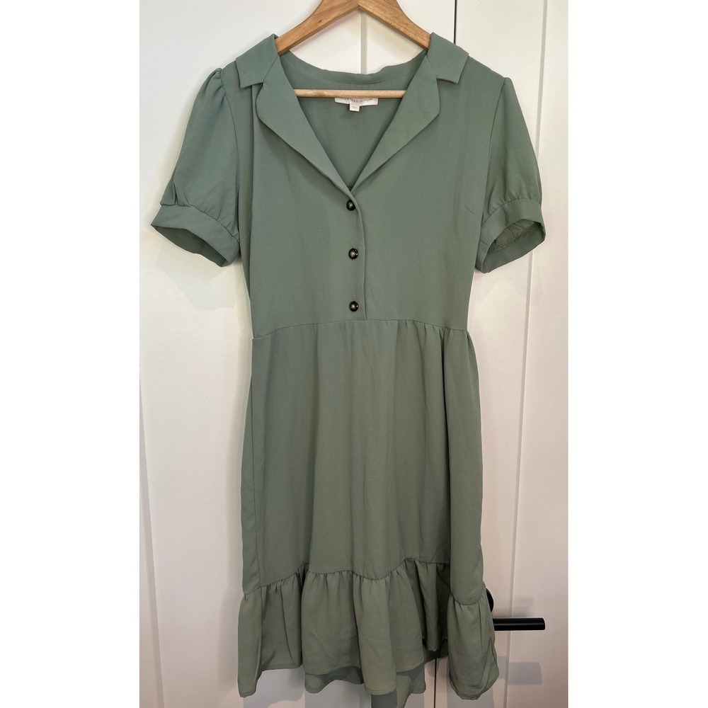 Monteau Los Angeles‎ Sage Green Short Puff Sleeve Button Front Ruffle Dress L